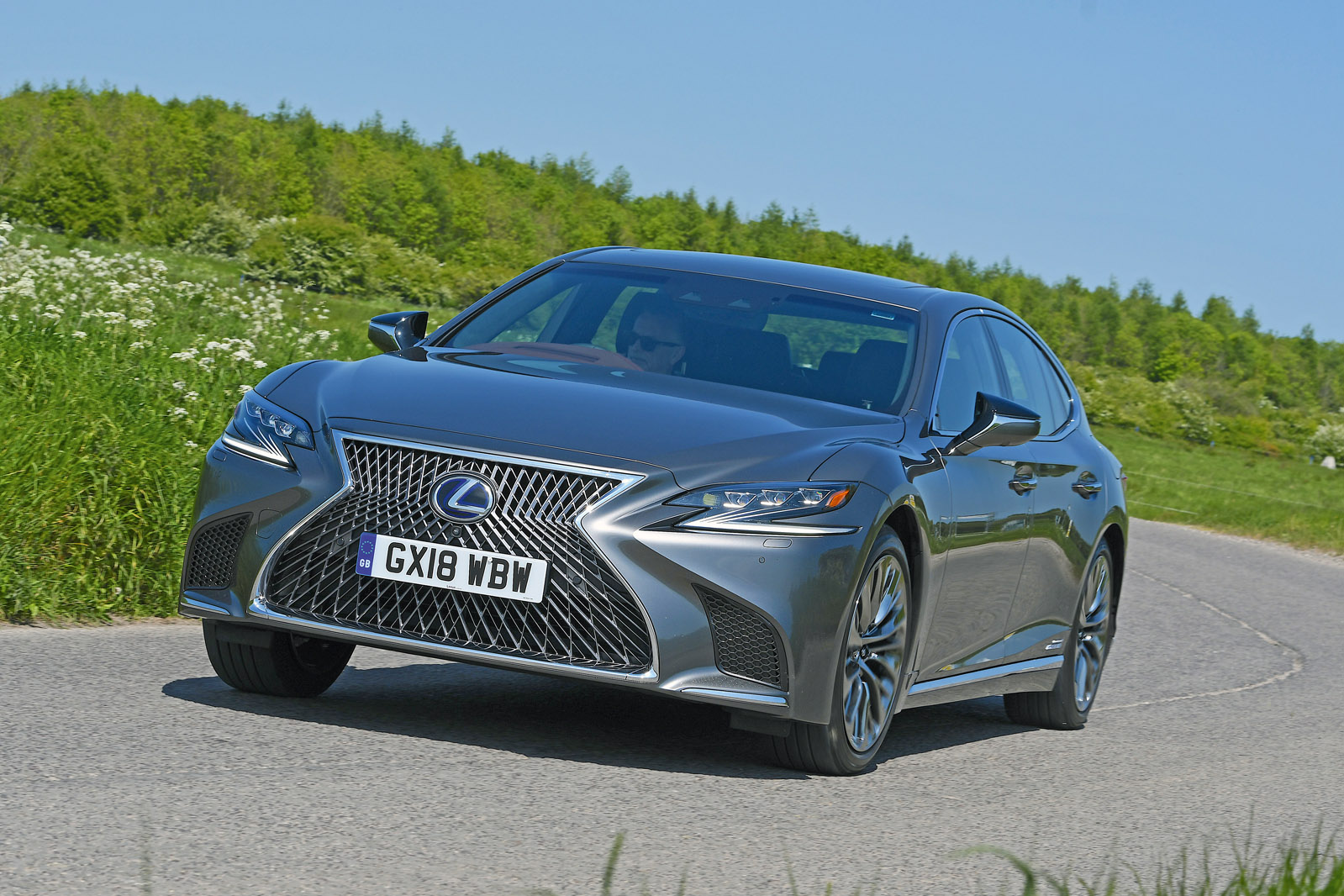 Lexus LS500h 2018 road test review front on the road