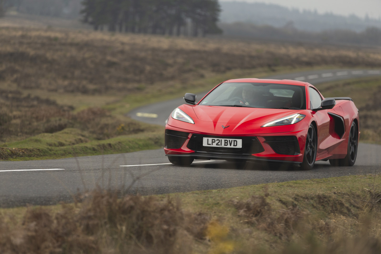 Front view of the EU version of the C8 Corvette in Torch Red.