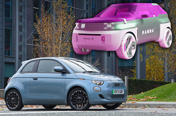 Fiat 500e parked with Fiat Panda concept superimposed above