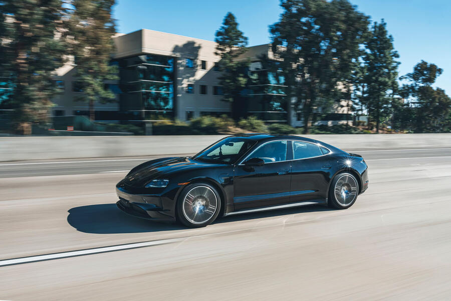 2024 Porsche Taycan prototype driving â€“ front quarter