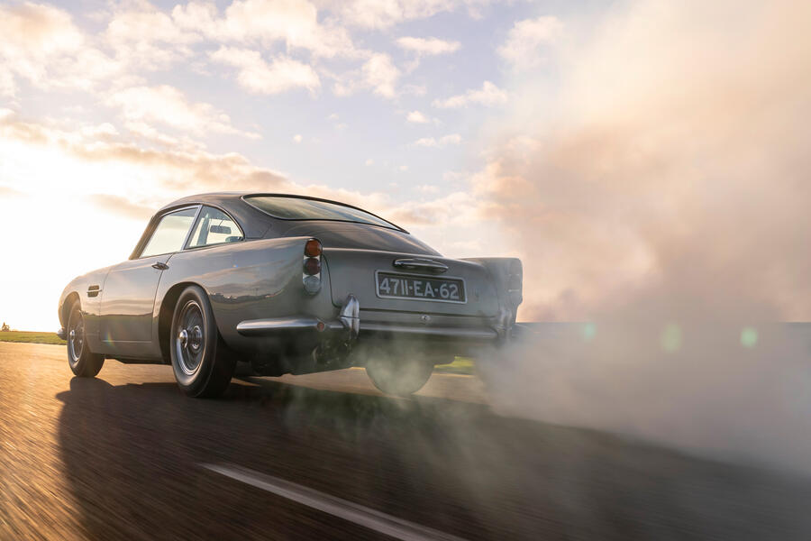 aria-label="79 aston martin db5 goldfinger road test 2021 tracking smokescreen"