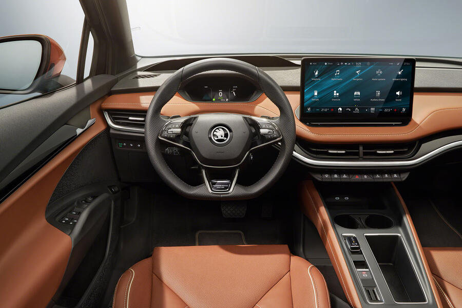 aria-label="87 skoda enyaq official reveal studio steering wheel"