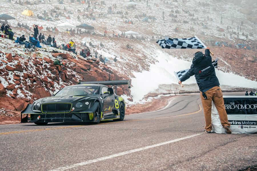 aria-label="94 bentley continental gt3 pikes peak synthetic fuels finish line"