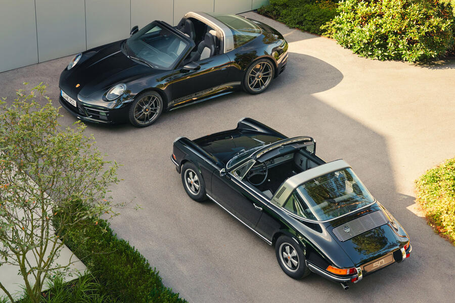 aria-label="94 porsche 911 targa 50yrs porsche design official aerial duo"