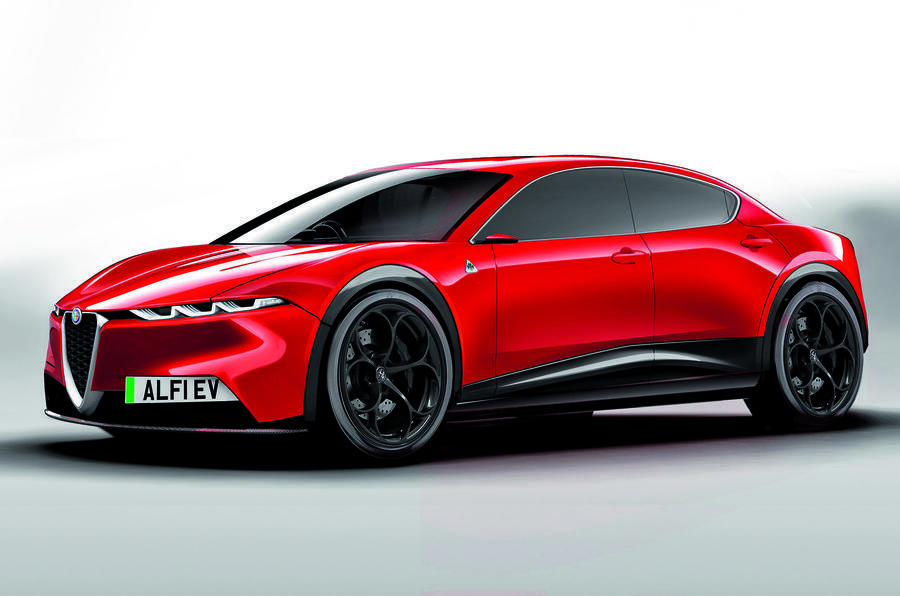 Alfa Romeo large electric saloon render â€“ front quarter