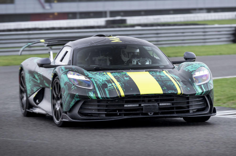 Aston Martin Valhalla prototype driving around Silverstone – front