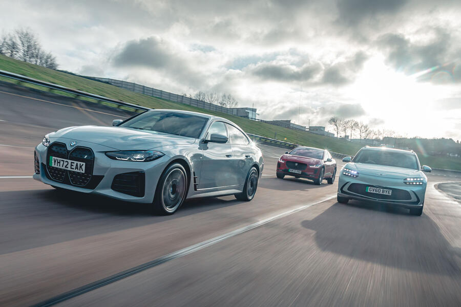 BMW i4, Jaguar I-Pace and Genesis GV60 driving around test track
