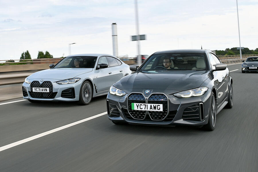 BMW i4 and BMW 4 Series on motorway - front tracking
