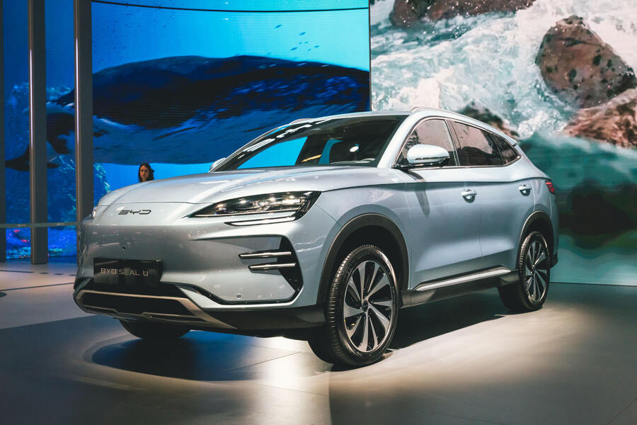 BYD Seal U front quarter static, in light silver-blue, at Munich motor show