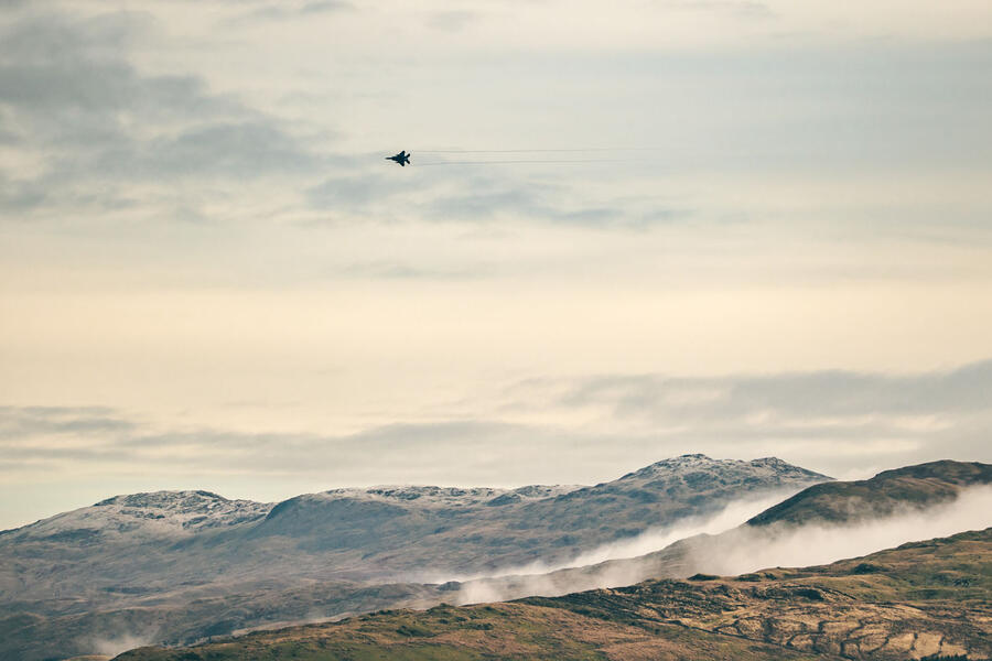 Fighter jet over the Welsh countryside