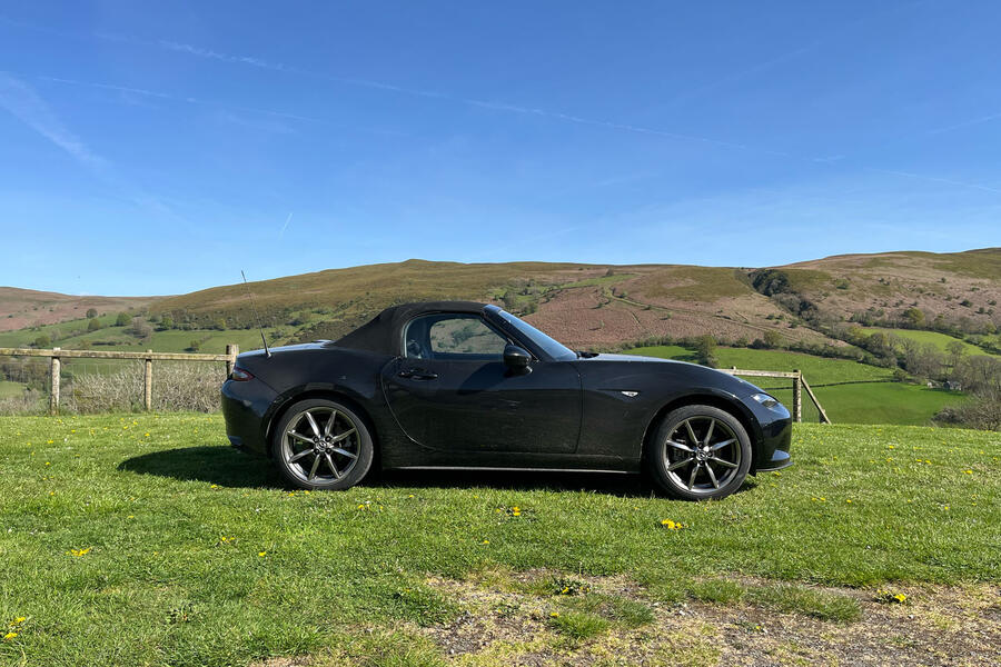 Charlie Martin's Mazda MX-5 on a sunny hill in Wales