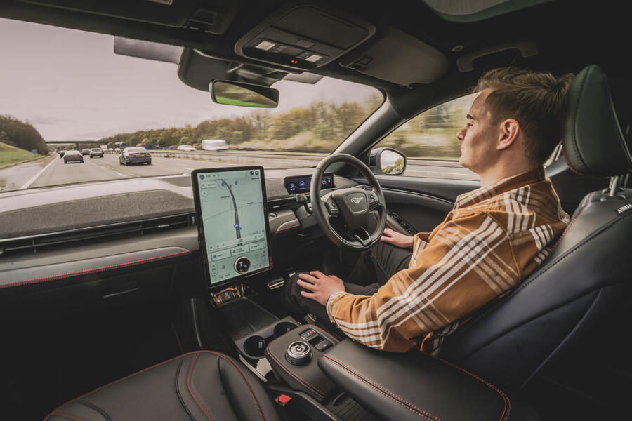 Felix Page 'driving' a Ford Mustang Mach-E with BlueCruise enabled