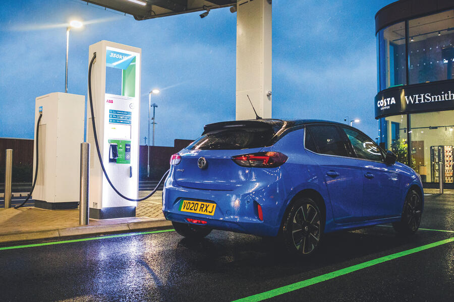 Vauxhall Corsa-E charging at Gridserve charger â€“ rear quarter