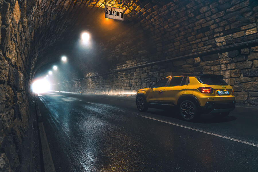 Jeep Avenger driving through tunnel in Austria â€“ rear quarter