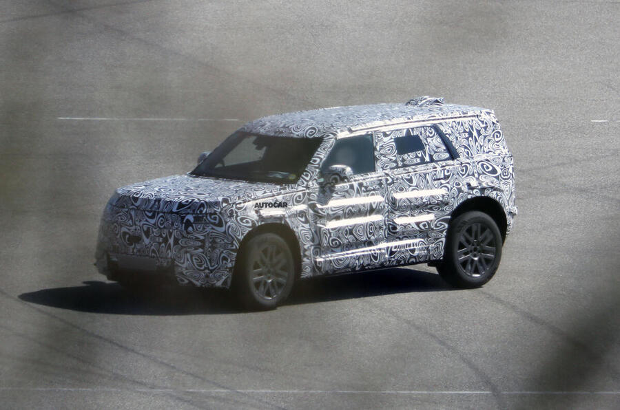 Land Rover Defender Sport prototype testing in camouflage – front quarter