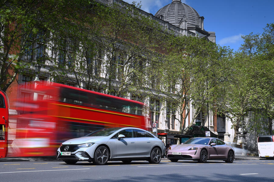 Mercedes EQE and Porsche Taycan in London