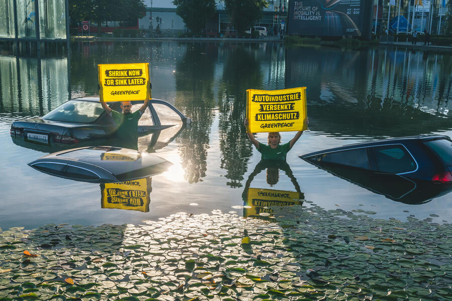 Manifestantes do Greenpeace no Salão Automóvel de Munique