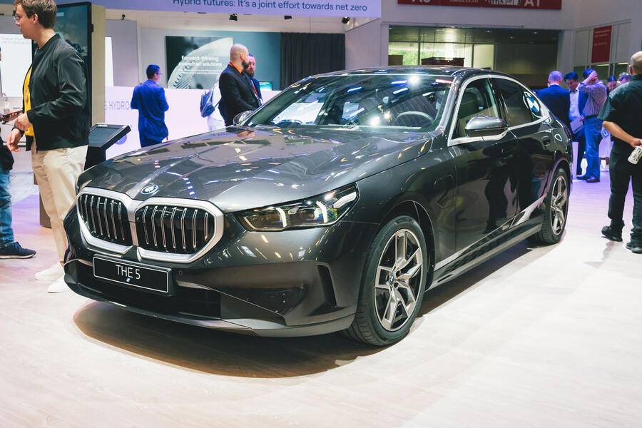 BMW 5 Series in grey on display at Munich motor show – front quarter