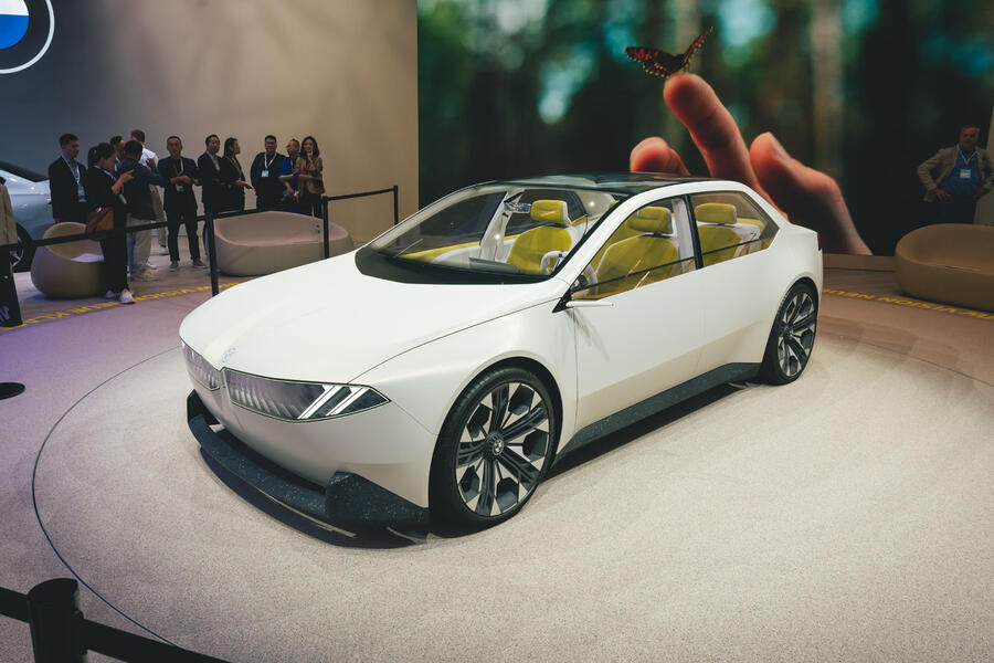 BMW Vision Neue Klasse concept in white - front three quarters, on stand at Munich motor show