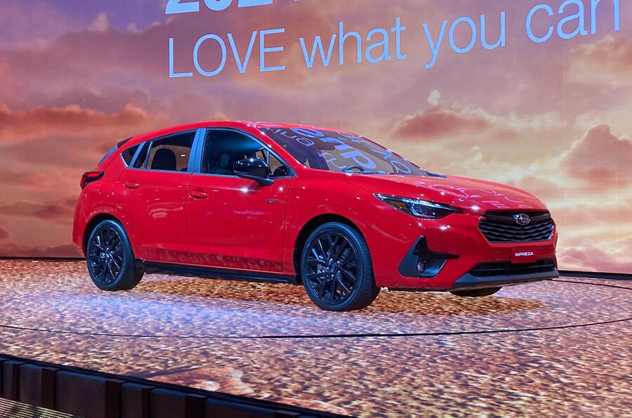 Subaru impreza on display in los angeles front three quarters