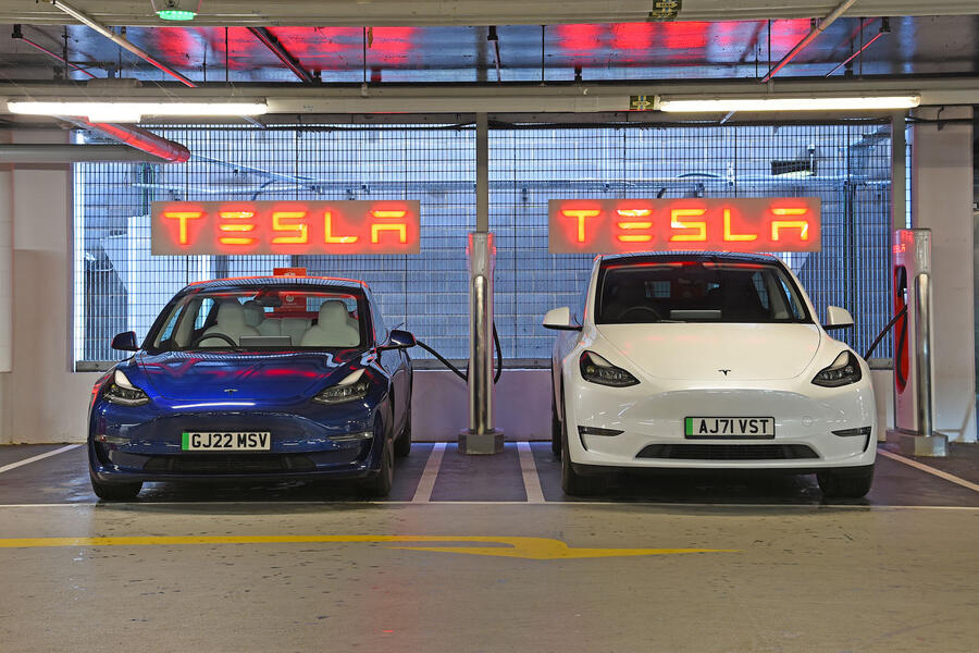 Tesla model 3 model y at supercharger front 2023