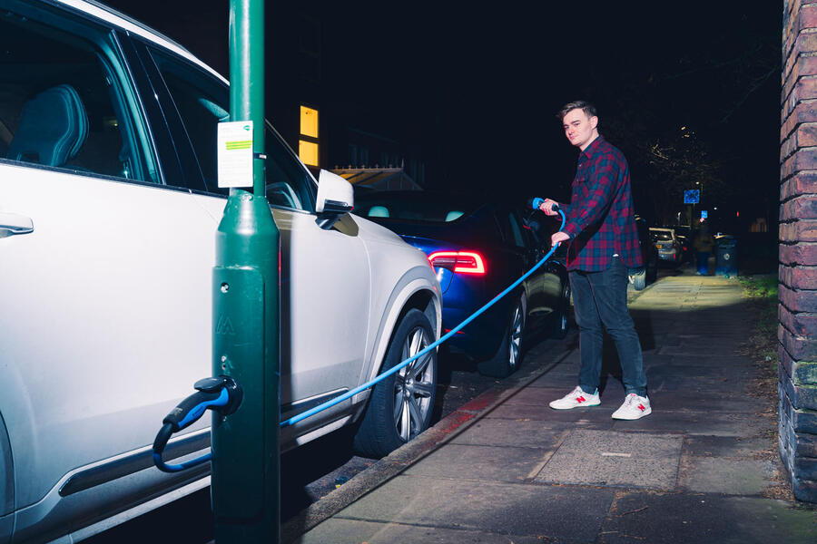 Tesla Model 3 at lamppost charger