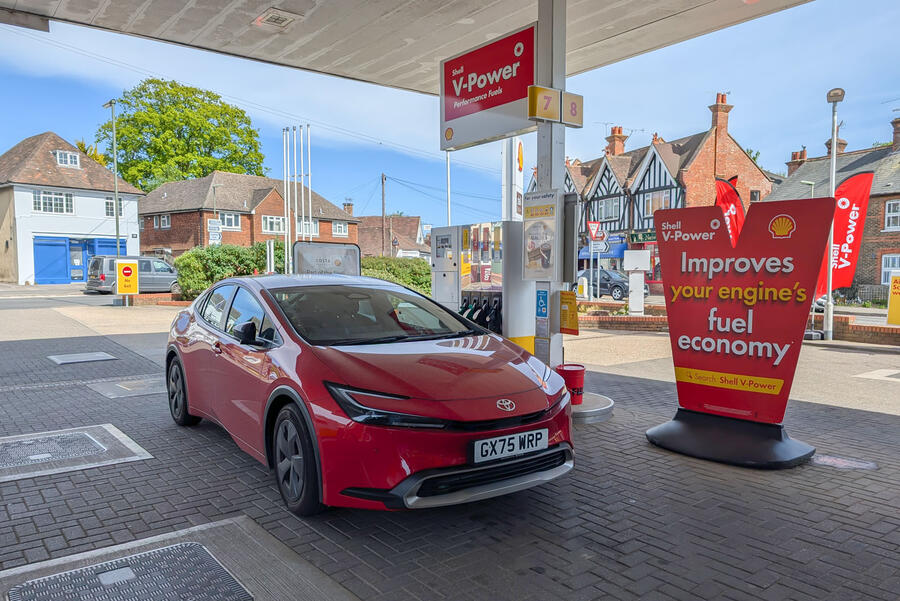 Filling the Autocar Toyota Prius at a petrol station