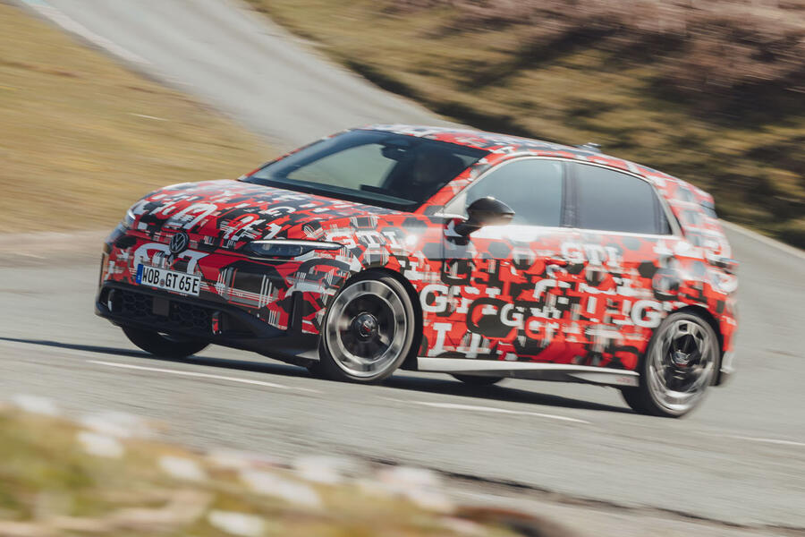 VW ID Polo GTI under hard cornering, viewed from the front-left