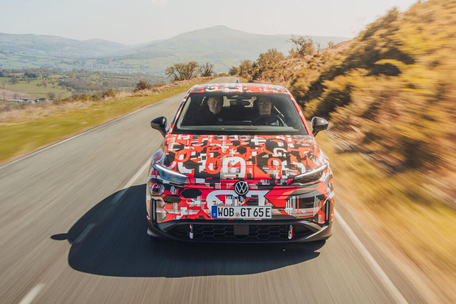 Florian Umbach and Matt Saunders driving VW ID Polo GTI, viewed from the front