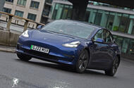 Tesla Model 3 2022 front tracking cornering Tesla Model 3 2022 front tracking cornering