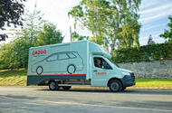 Cazoo Mercdes Sprinter car transporter front quarter tracking Cazoo Mercdes Sprinter car transporter front quarter tracking