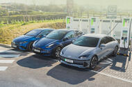 Mercedes EQE Tesla Model Y Hyundai Ioniq 6 charging front Mercedes EQE Tesla Model Y Hyundai Ioniq 6 charging front