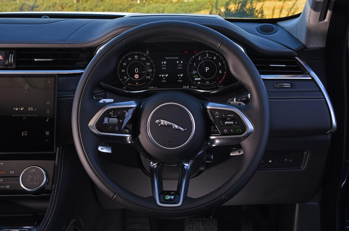 12 Jaguar F Pace P400e 2021 road test review steering wheel