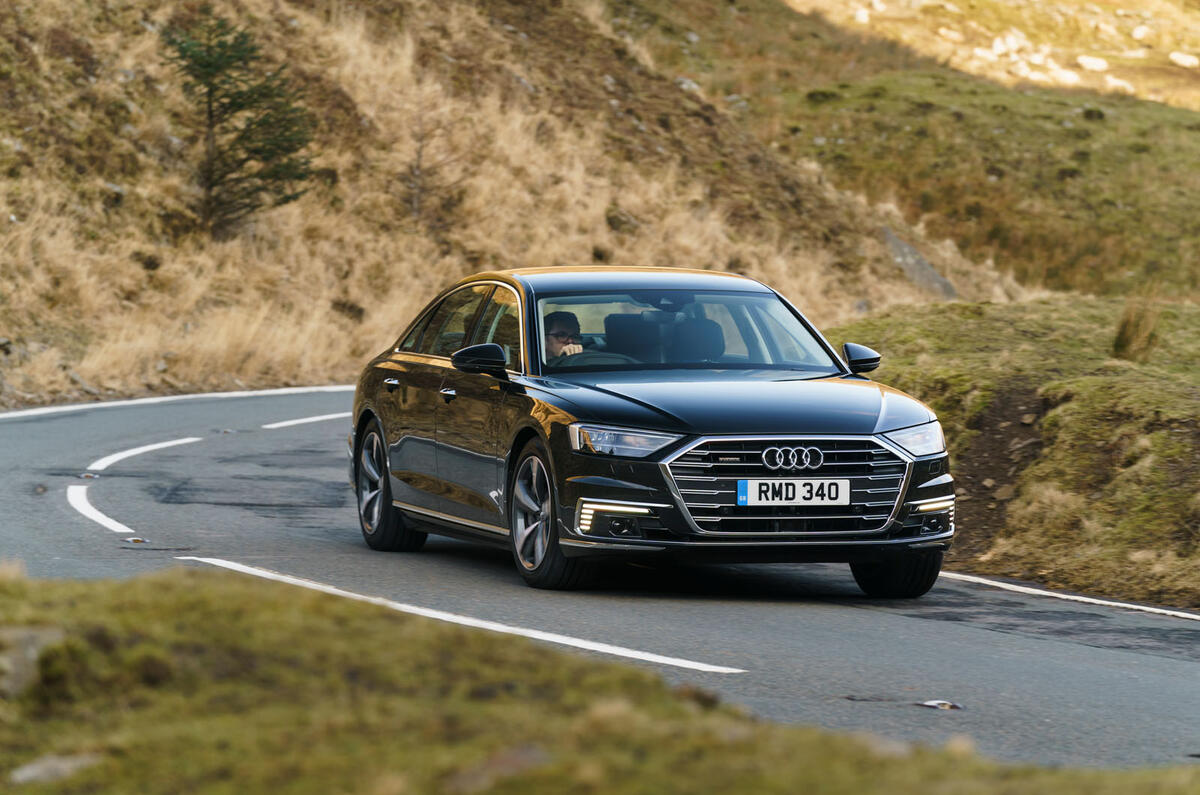 Audi A8 60 TFSIe 2020 road test review - cornering front