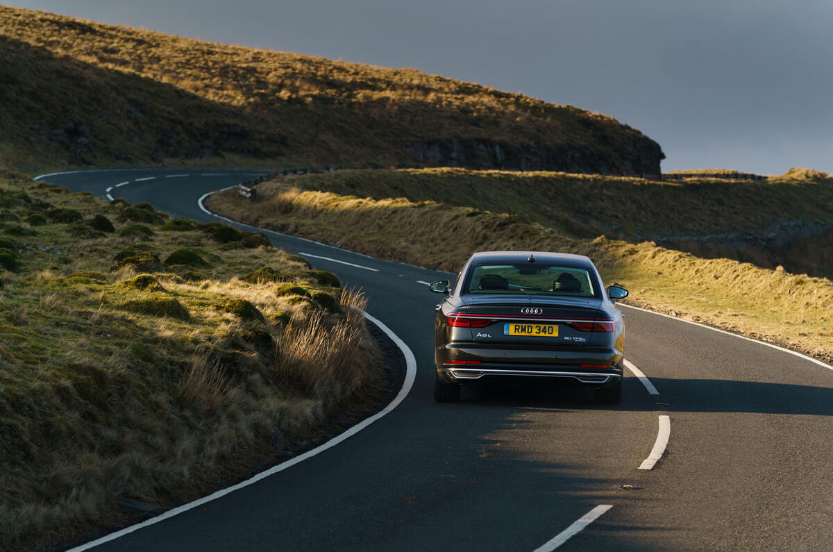 Audi A8 60 TFSIe 2020 road test review - cornering rear