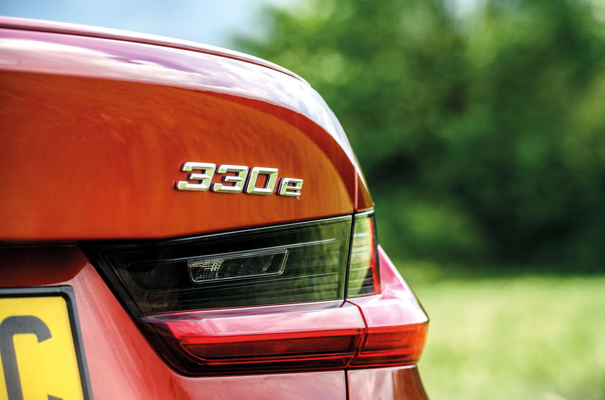 BMW 3 Series 330e 2020 road test review - rear badge