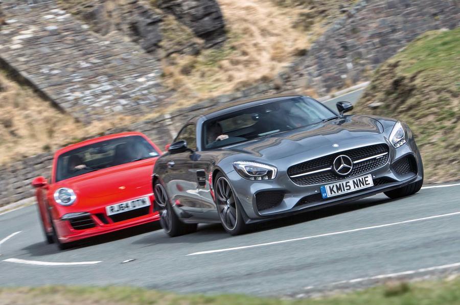 Mercedes AMG GT 2015 with Porsche 911 2014, front tracking