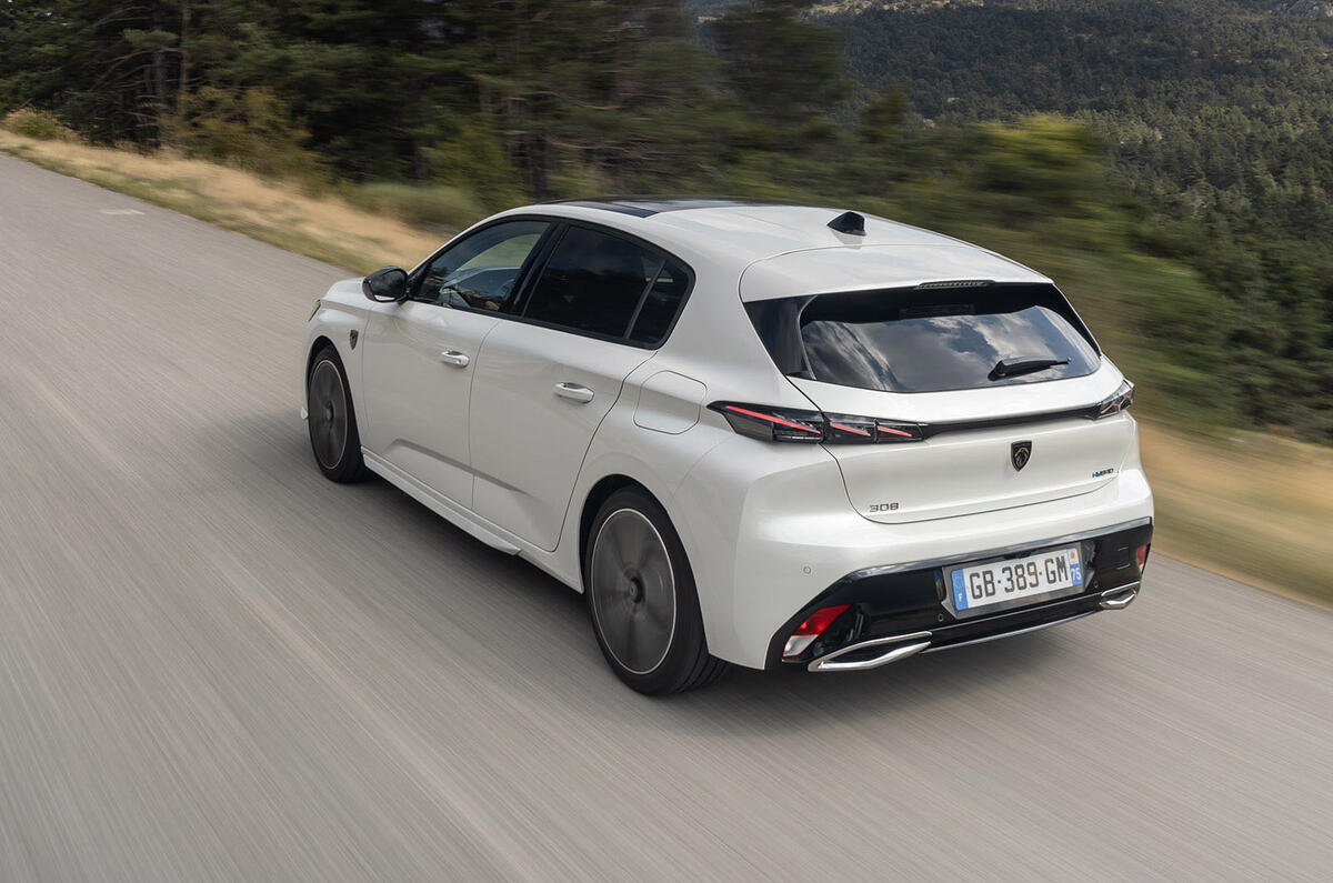 12 Peugeot 308 Hybrid 225 2021 LHD review on road aerial rear