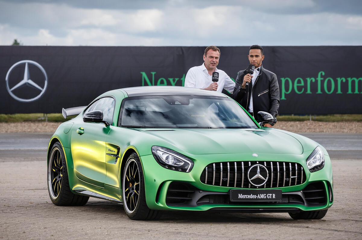 Lewis Hamilton and Tobias Moers with the Mercedes-AMG GT R