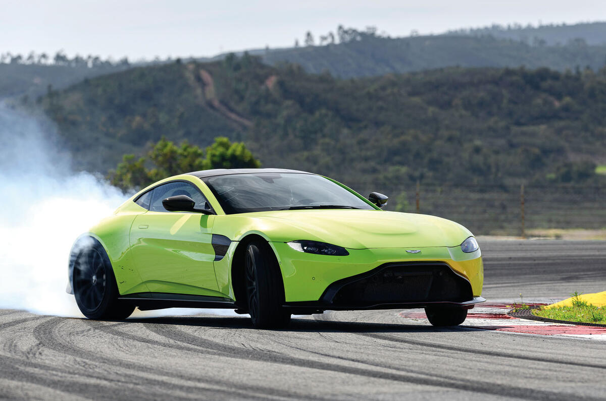 Aston Martin Vantage smoking tyres front left