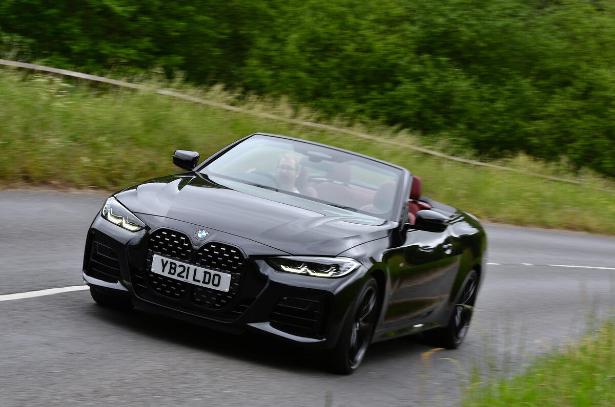 19 BMW 4 Series M440i Convertible 2021 UK FD on road front