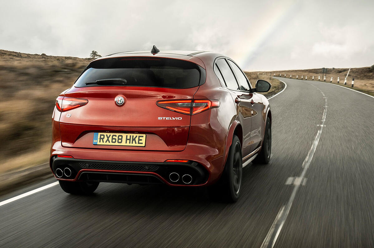 Alfa Romeo Stelvio Quadrifoglio 2018 UK RHD first drive - hero rear