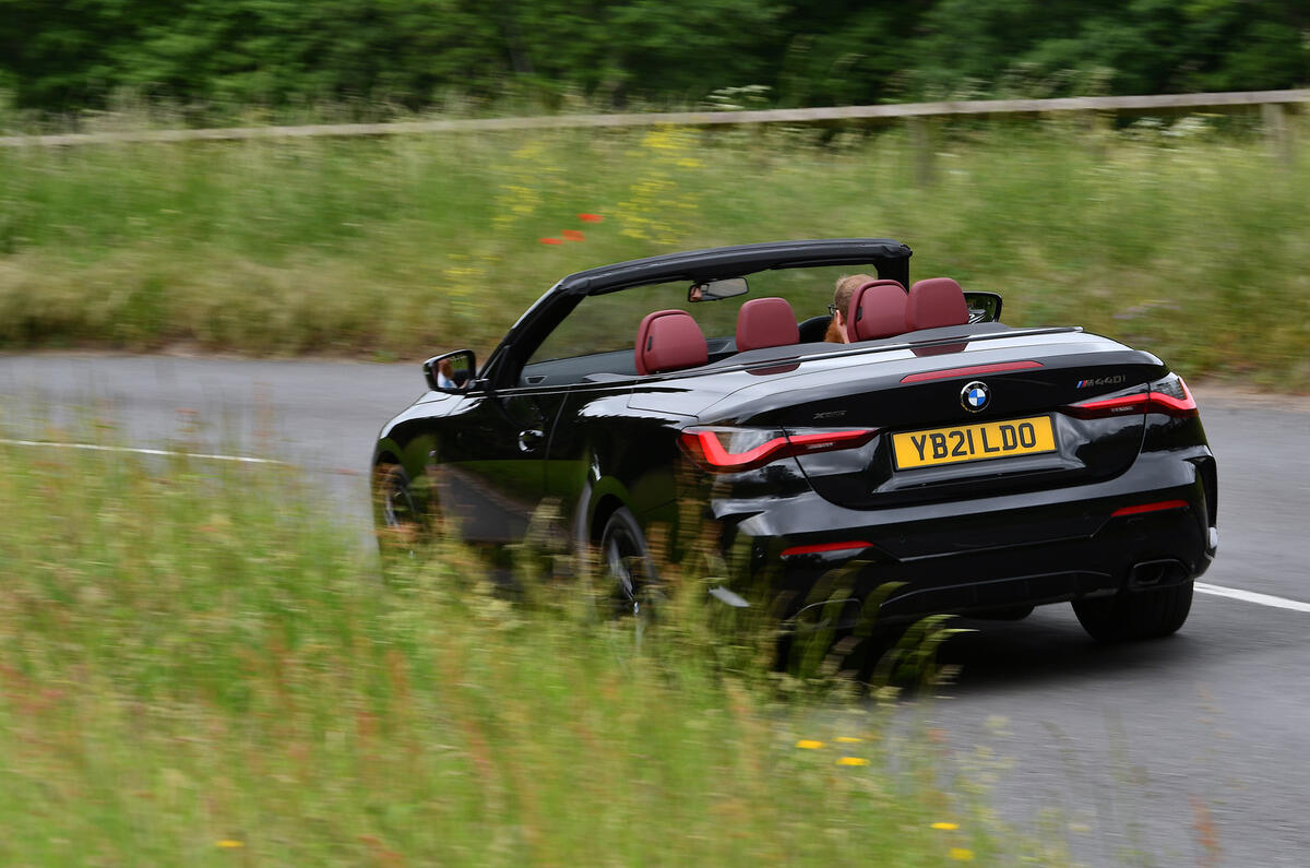20 BMW 4 Series M440i Convertible 2021 UK FD on road rear