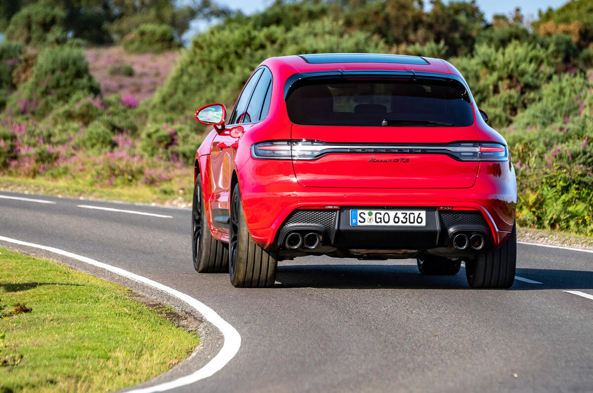 21 Porsche Macan GTS 2021 UK LHD first drive cornering rear