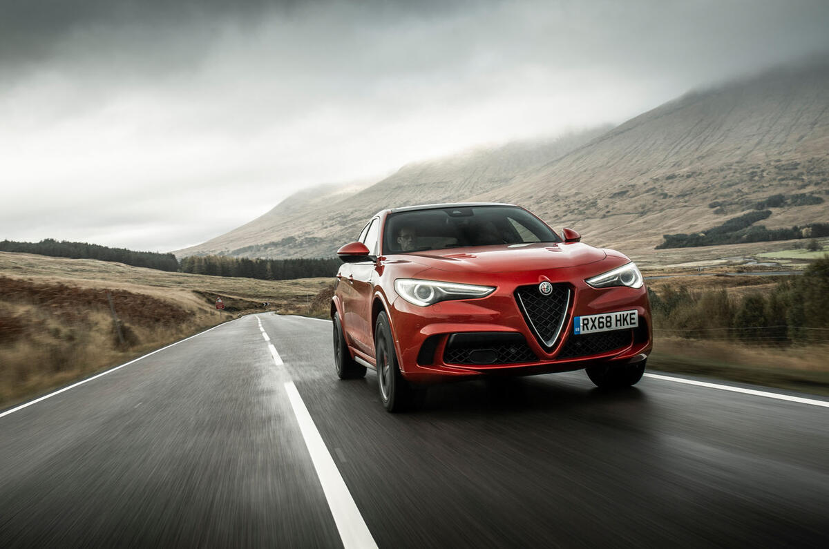 Alfa Romeo Stelvio Quadrifoglio 2018 UK RHD first drive - on the road front