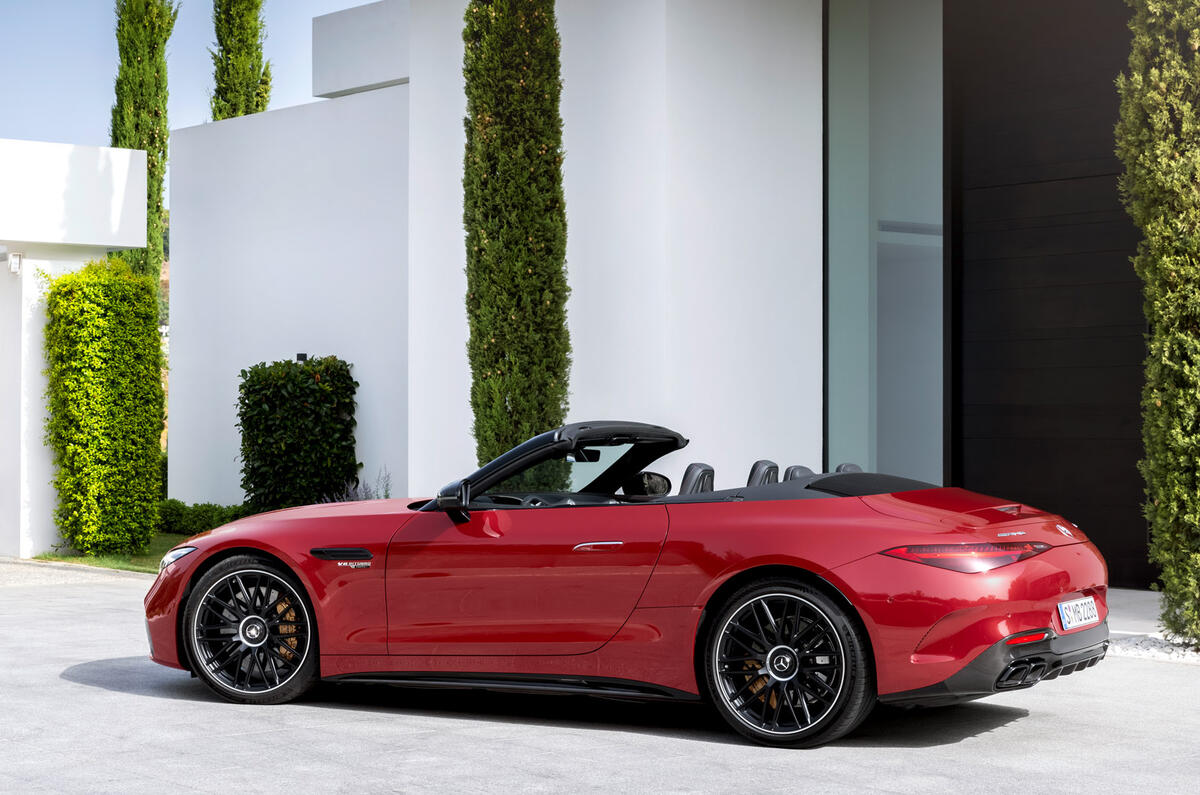 80 Mercedes SL 63 2021 official reveal images static roof up rear