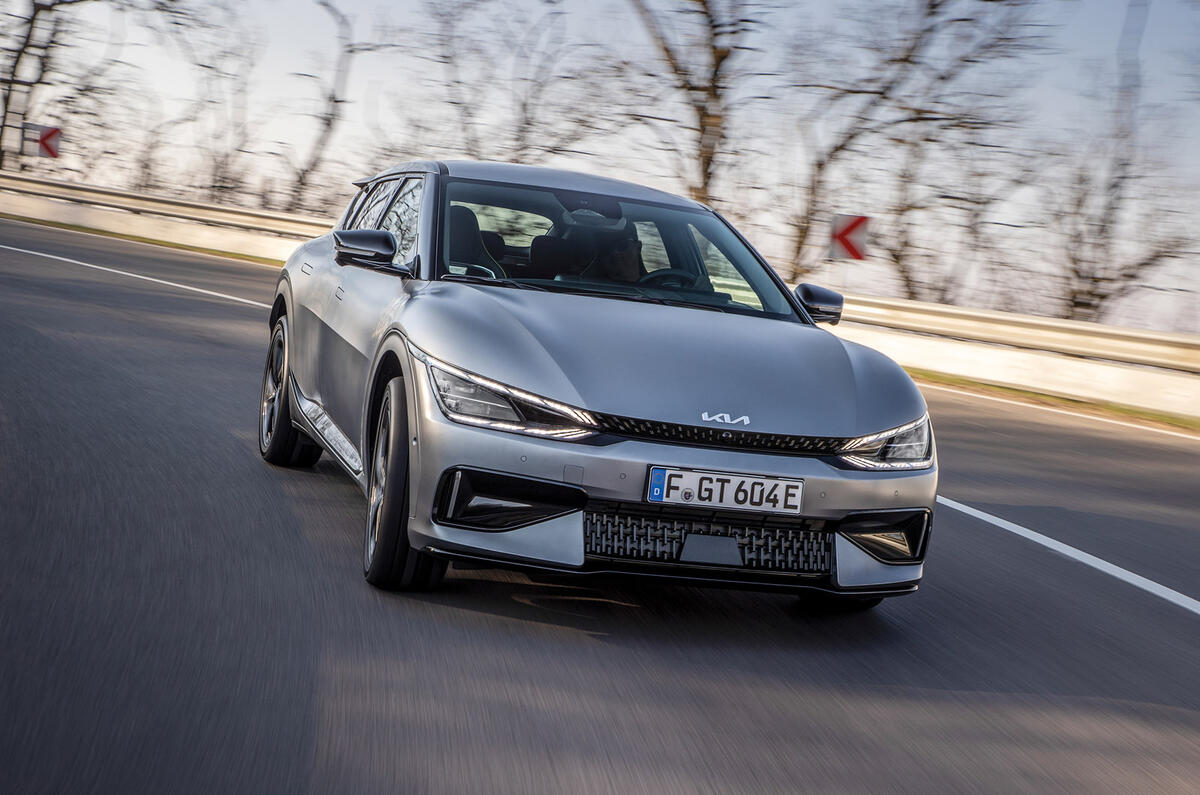 84 Kia EV6 prototype ride 2022 cornering front