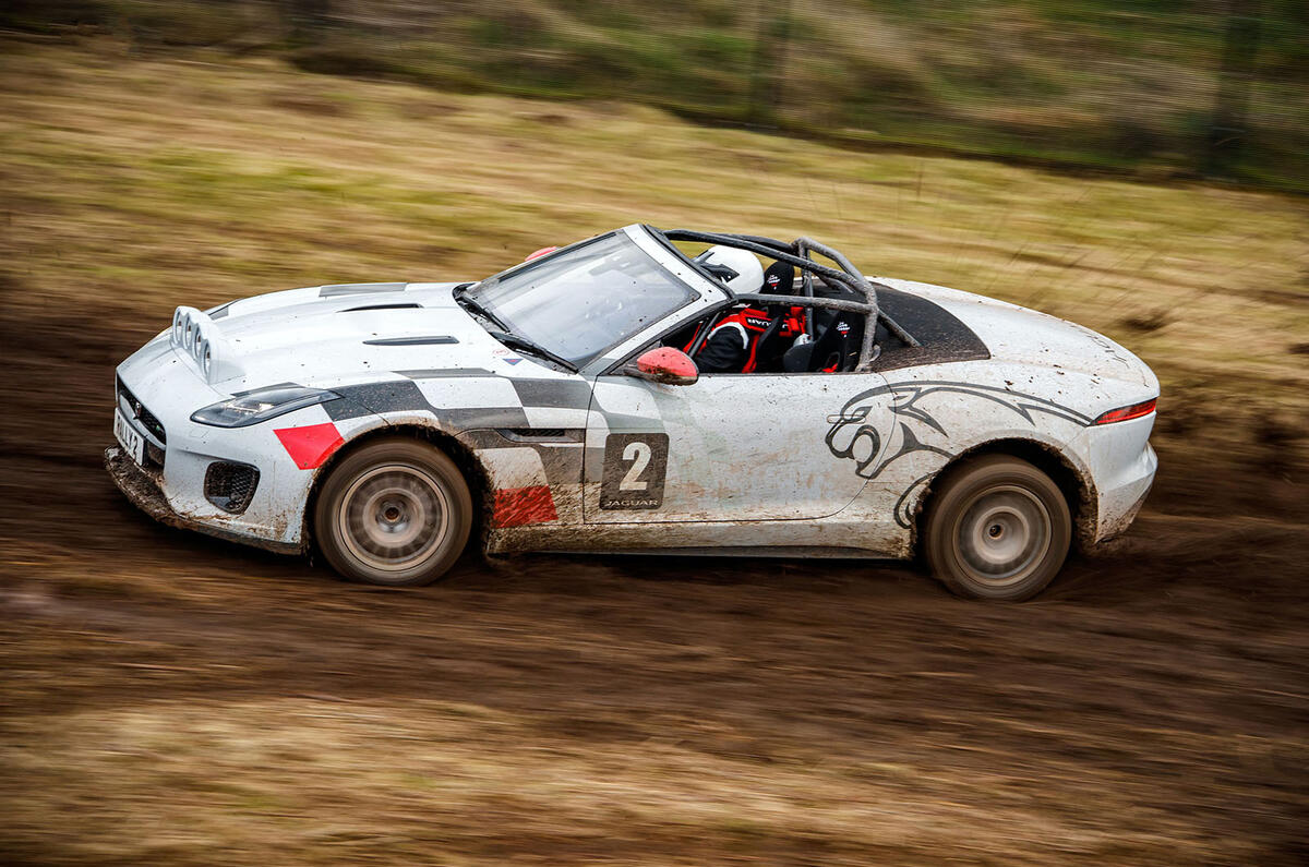 Jaguar F-Type rally car 2019 driven gravel side