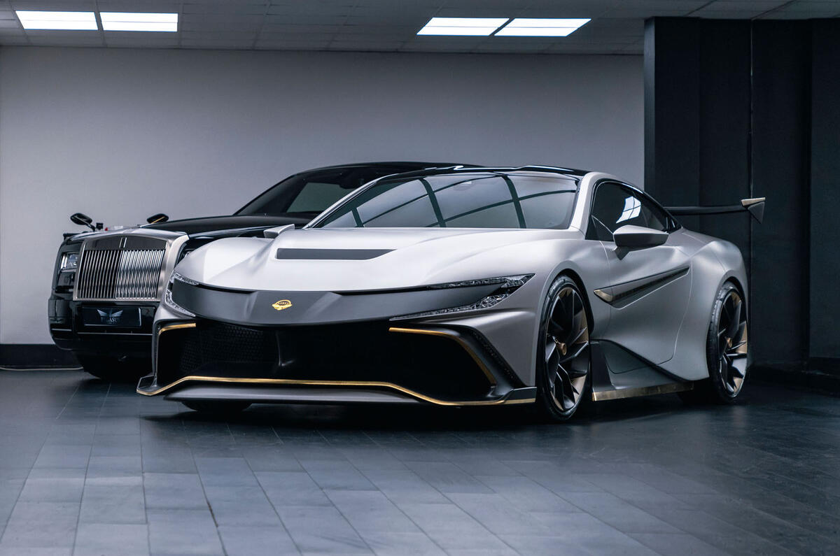 Naran Automotive hypercar official reveal - in garage with Rolls Royce
