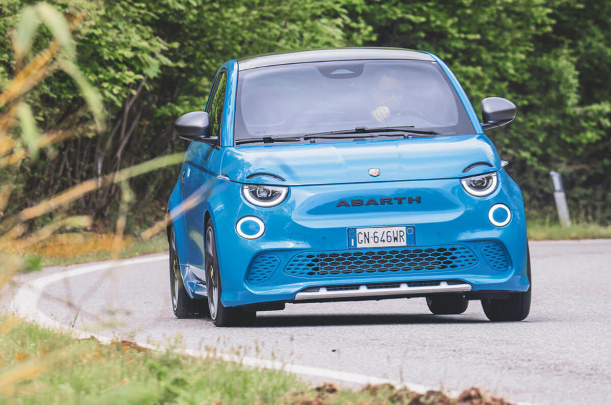 abarth 500e review 2023 04 cornering front